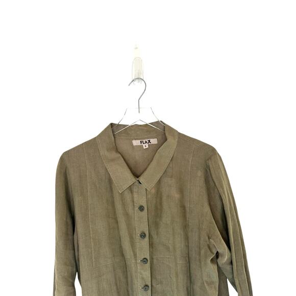 Flax Green Linen Lagenlook Coastal Grandma Long Sleeve Button Front Blouse Small - Picture 4 of 12
